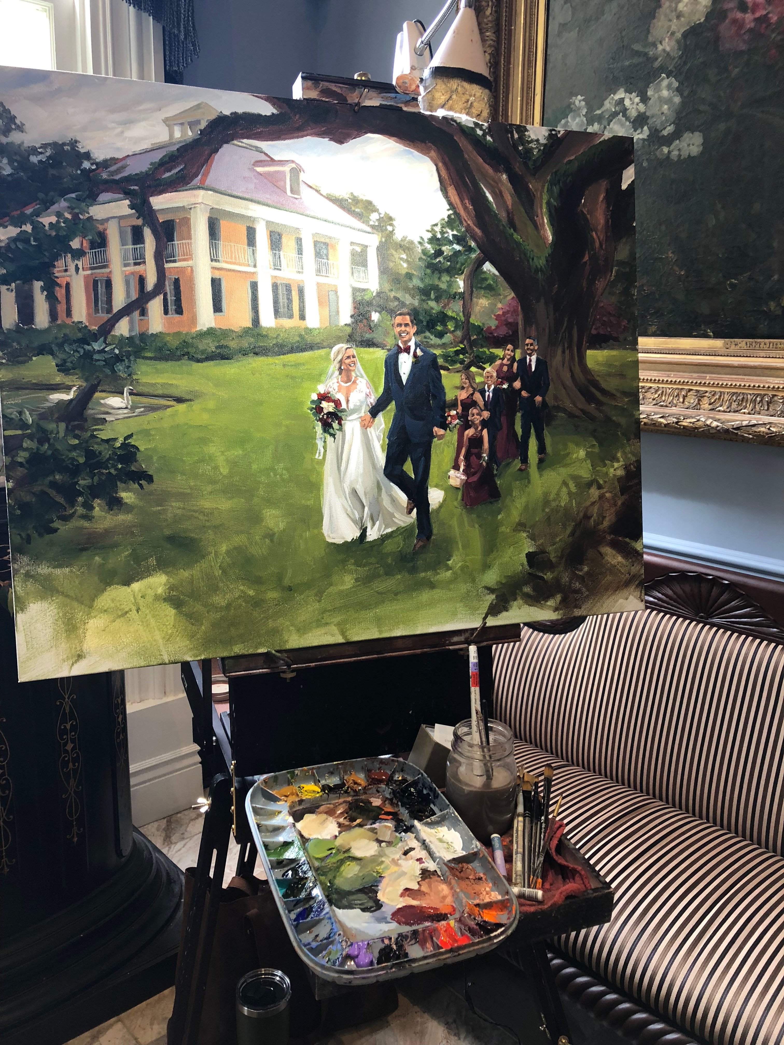 Live fine art wedding painting at Houmas House Plantation in Darrow, LA